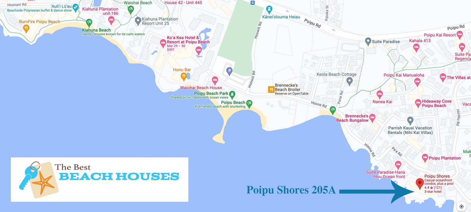 Poipu Shores 205A Kauai ocean front vacation rental area amenities map
