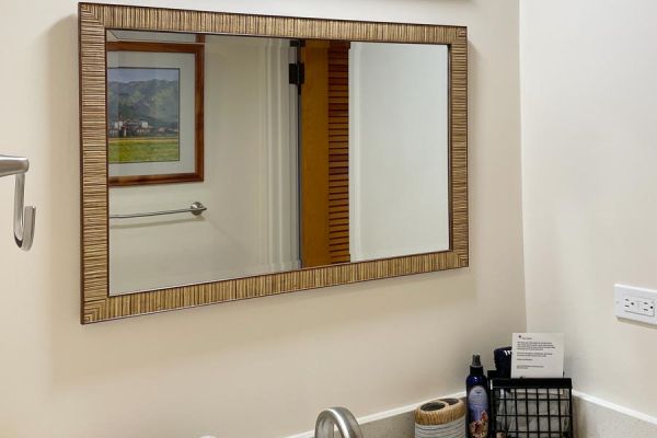 hall bathroom brightly lit sink area with mirror and art