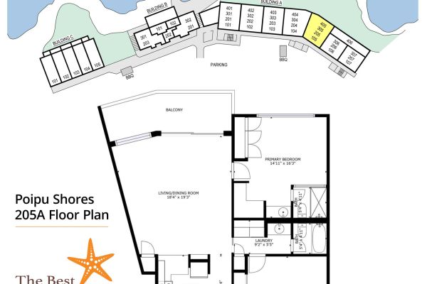 Poipu Shores 205A floor plan and oceanfront condo community map