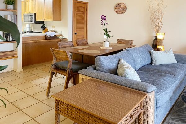 open living area from kitchen to dining to living area -- all with ocean view